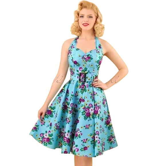 Hell Bunny Blue Floral MayDay Pinup Swing Dress XS Rockabilly Retro 50s Pin-Up - Picture 1 of 9